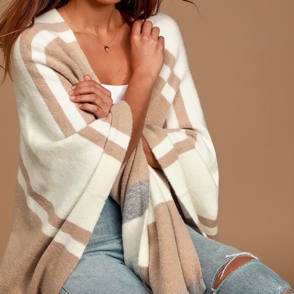 Lulu’s Wrapped in Love Beige Multi Striped Poncho
